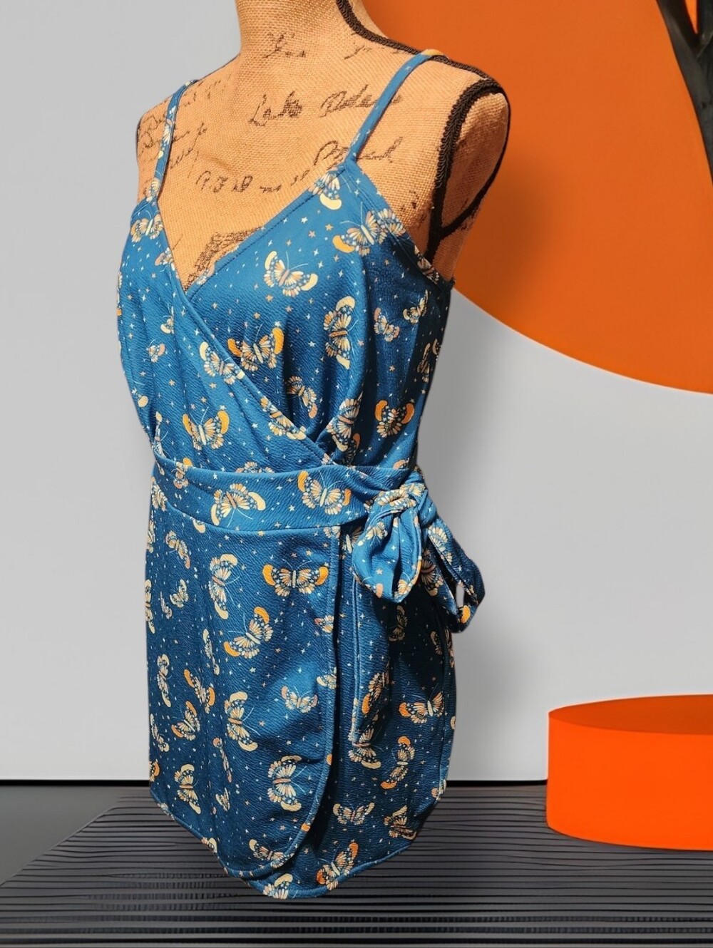 Unique Vintage Blue Butterfly And Star Print Lotti Wrap Romper - Picture 7 of 12